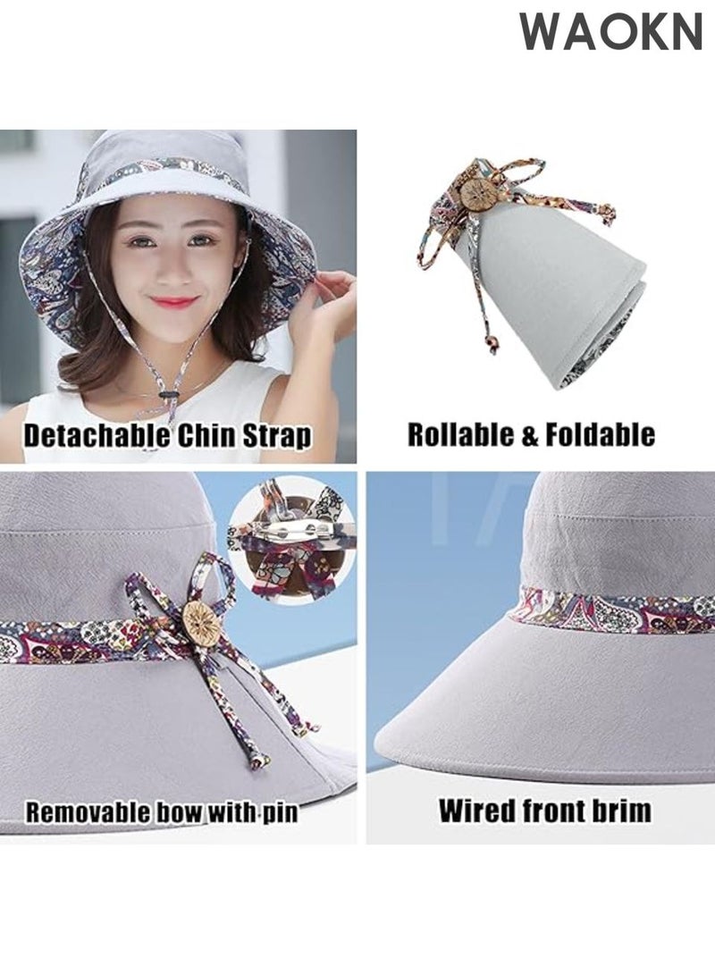WAOKN Women Sun Hat , UPF50+ Summer Foldable Beach Reversible Hat , Outdoor Wide Brim Cap , Double-sided usable , Fashionable and versatile , suitable for travel , seaside , shopping , camping , unisex ,  grey. - Image 4